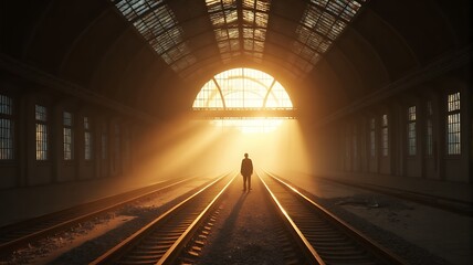 Golden-hour light streaming through shattered glass roof of an abandoned train station; lone traveler standing among dust and silence, cinematic atmosphere with rich shadows and lens flare realism.