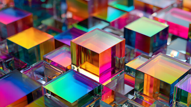Closeup of iridescent glass cubes with vibrant rainbow reflections, arranged in a geometric pattern, symbolizing technology and creativity