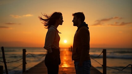 Silhouette of two people standing apart on seaside pier at sunset, wind blowing through hair, dramatic color palette of oranges and blues, cinematic emotion and symmetry.
