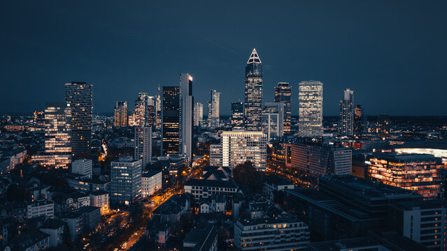 Abstract picture of the illuminated skyline of Frankfurt am Main during the night