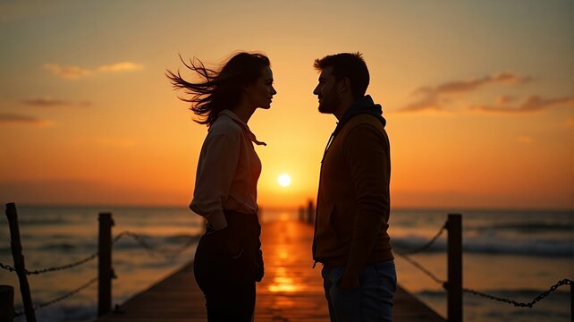 Silhouette of two people standing apart on seaside pier at sunset, wind blowing through hair, dramatic color palette of oranges and blues, cinematic emotion and symmetry. - Powered by Adobe