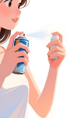 Young girl using allergy spray bottle against white background  