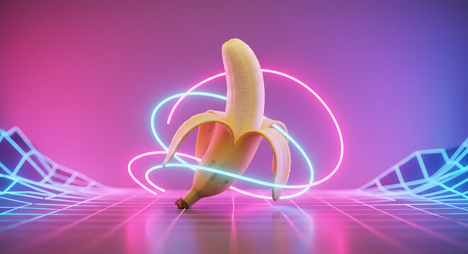 Abstract Banana on Neon Grid