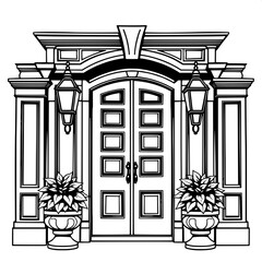 Ornate Traditional Door

A detailed yet monochrome illustration of a traditional front door with decorative moldings and six inset panels. Two elegant lanterns above planters with leafy plants. Symmet