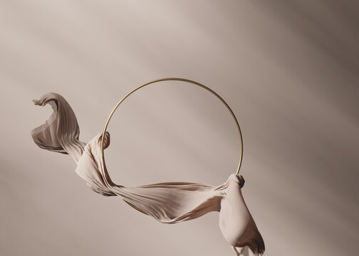 3D background. Beige podium, display mockup. Silk cloth in motion. Gold circle frame for Beauty, product, cosmetic presentation. Feminine scene with pedestal. 3d render.	
