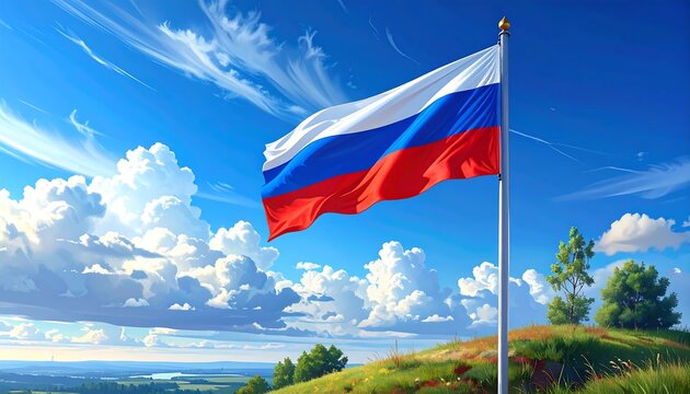 Russia's flag waves atop a hill, vividly colored against a blue sky filled with wispy clouds, distant landscape below - Powered by Adobe