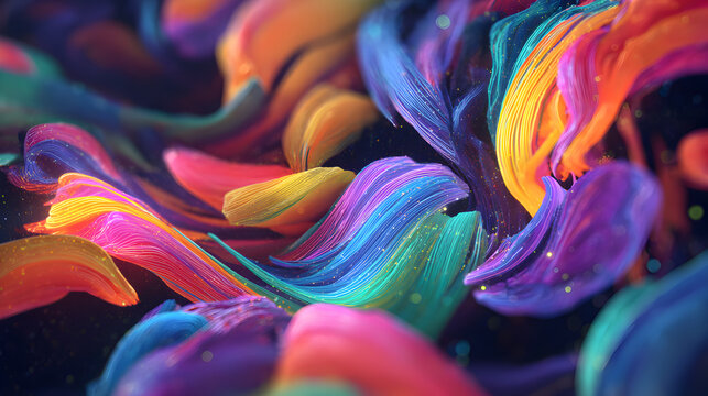 Abstract swirling ribbons of vibrant, iridescent colors like pink, orange, yellow, green, blue, and purple, with sparkling particles on a dark background