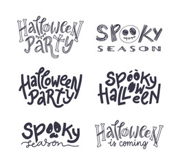 Hand-drawn vector Halloween text collection for sticker, card, social media, invitation or print. Spooky season lettering phrases isolated on white background. 