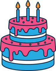 Two Tiered Birthday Cake With Pink Icing And Blue Candles On White Background Keywords: cake, birthday, celebration, sweet, dessert, food, party, confectionery, icing, on transparent background