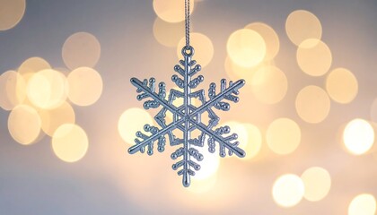 Silver snowflake ornament dangling against a soft bokeh background of warm, glowing lights. Festive and shimmering