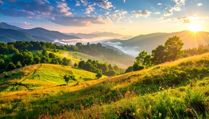 Scenic rolling hills and fields, bathed in the golden light of a sunrise with layered mountain range in the background