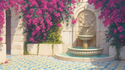 Ornate stone fountain with cascading pink bougainvillea flowers and patterned tiles water