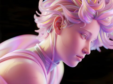 Ethereal portrait of a person with pastel colored hair and wings