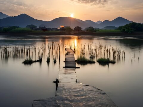 Tranquil sunset over a calm lake with mountains and a wooden pier - Powered by Adobe