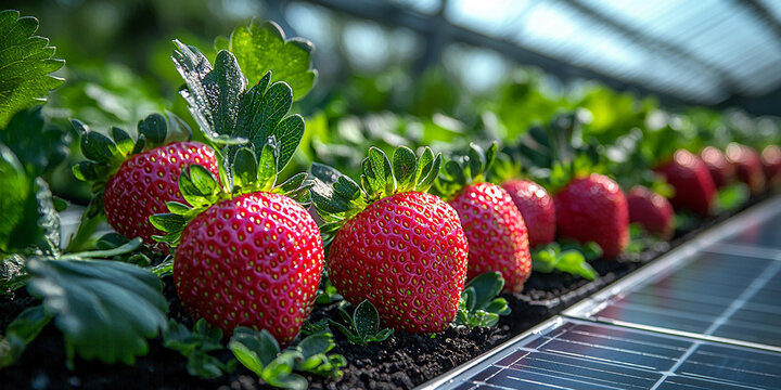 Strawberry plants thriving under solar panels in farm setup Generative AI