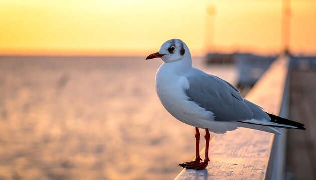 Seagull perched on wooden railing at sunset, blurred water backdrop with pier silhouette, warm orange light