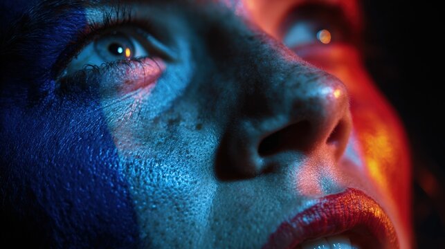 Emotional French Supporter Singing Anthem with Tricolor Lights