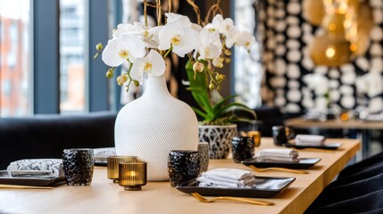 Obraz premium Lush white orchids grace a beautifully arranged dining table with black accents and soft lighting.