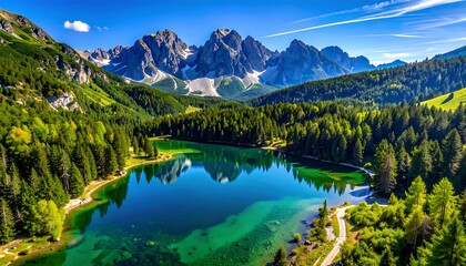 Scenic view Emerald lake below tall, jagged mountains, surrounded by a lush, green forest under a blue sky