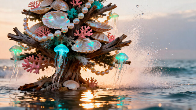 Christmas on the beach. Unique coastal-themed Christmas tree made from driftwood, adorned with seashells, coral, and glowing jellyfish, creating a festive oceanic atmosphere