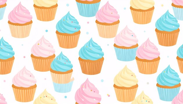 Seamless pattern of pastel cupcakes with pink, blue, and yellow frosting against a white backdrop