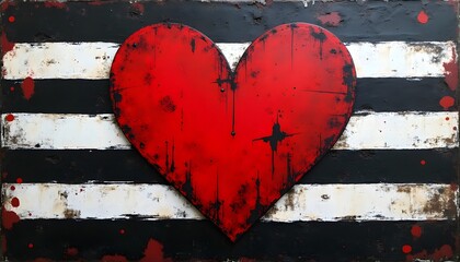 Rustic red heart on black and white striped background, conveying love and decay with distressed texture, a symbol of passion and vulnerability