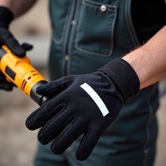 Closeup of a worker holding a drill with protective gloves, emphasizing safety and precision in construction and industrial environments