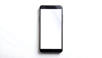 Sleek, black smartphone with blank white screen displayed on a clean, bright, white surface from an overhead view