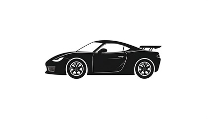 Sleek black sports car silhouette with a spoiler, rendered in minimalist style against a stark white background