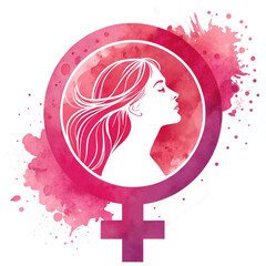 Elegant pink watercolor feminist symbol with woman silhouette celebrating International Women’s Day