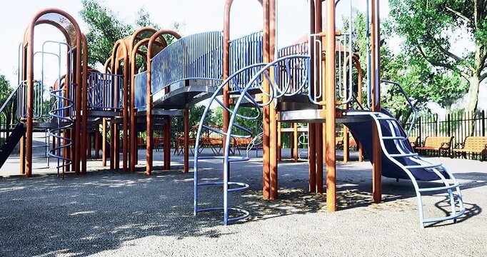 Brightly colored playground stands ready for children to explore, with slides, climbing structures, and ample space for laughter and fun in the afternoon sun under clear blue skies.