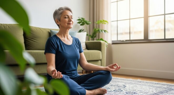 A mature woman with short gray hair meditates peacefully in a lotus position on the floor of her living room, embodying calm and mindfulness