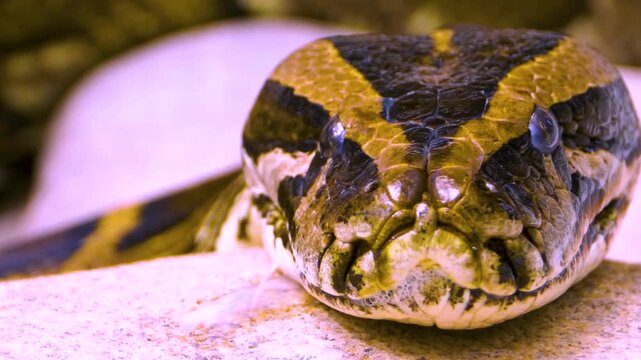 Close up of boa constrictor or pyhton snake head close up resting on  a rock with rack focus