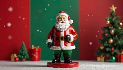Santa figurine stands, tree present, against red and green back. Festive, holiday spirit, with falling snowflakes