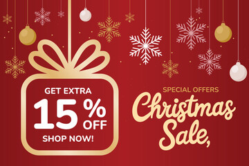 Christmas sale special offer get extra 15% off shop now with festive snowflakes and baubles on red background, vector illustration