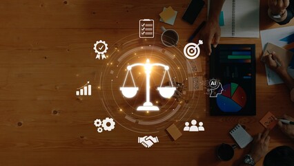 A dynamic representation of law and justice with balance scales, enhanced by digital icons...