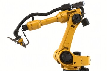 Fototapeta premium A large, industrial-looking yellow robotic arm is poised against a white background. 