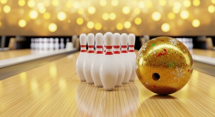 Festive bowling scene with sparkling golden ball and white pins  