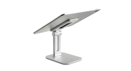 Adjustable silver tablet stand, isolated on transparent background