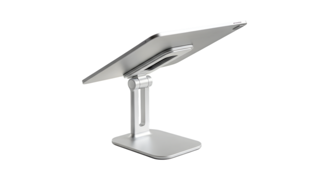 Adjustable silver tablet stand, isolated on transparent background