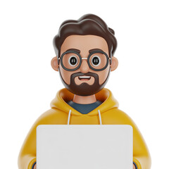 Avatar 3d icon png cartoon boy 3d icon with glasses and hoodie holding a laptop isolated on transparent background
