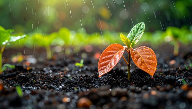 Small plant grows under rain in soil. New sprout and green leaves with water droplets. Bright light