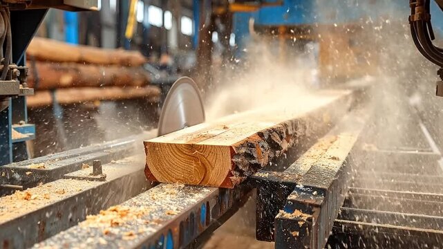 Sawmill processing a large wooden beam with a circular saw, creating sawdust and a beam of light