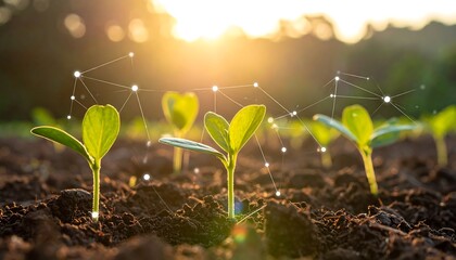 Seedlings sprout in soil, sunlight shining through. White network overlay suggests connection and growth. Ground level view