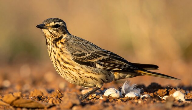 Small, striped bird on reddish dirt, feathers nearby, blurry background. Side view, natural light, wildlife