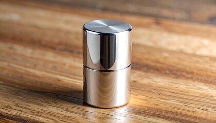 Sleek, shiny metallic cylinder atop a textured wood surface, reflecting ambient light and surrounding details