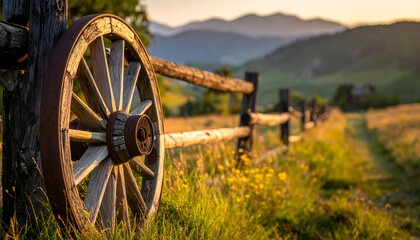 Fototapeta premium Rustic wooden wheel on fence, grassy field, mountains at sunset casting warm glow. Serene, peaceful, countryside