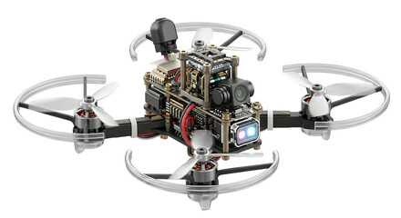 Mini drone with camera and propellers isolated on transparent background