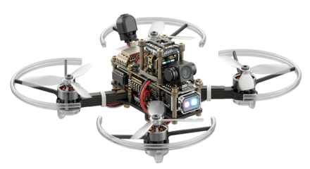 Mini drone with camera and propellers isolated on transparent background