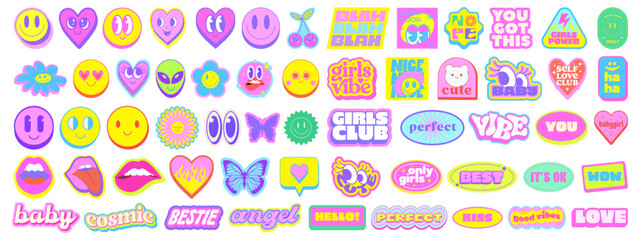 Fototapeta na wymiar Set Of Cool Y2k Stickers Vector Design. Trendy Girl Cute Patches. Groovy Graphic Elements. Funny Funky Labels. Collection Of Pop Art Illustrations.